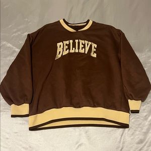 DAZY Embroidered Brown Cross-Neck Sweater “Believe”